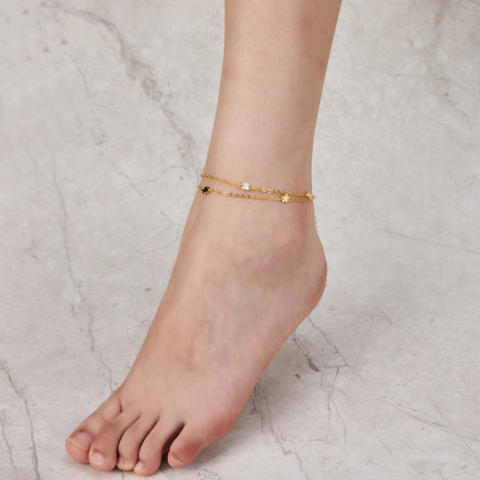 Gold Plated Layered Star Anklet Created with Zircondia® Crystals - Philip Jones Jewellery