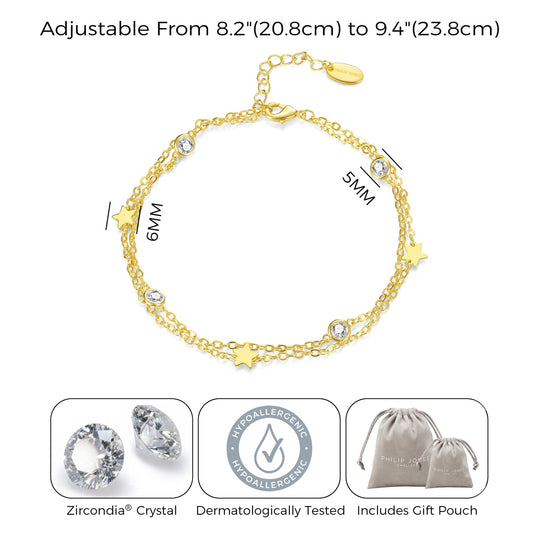 Gold Plated Layered Star Anklet Created with Zircondia® Crystals - Philip Jones Jewellery