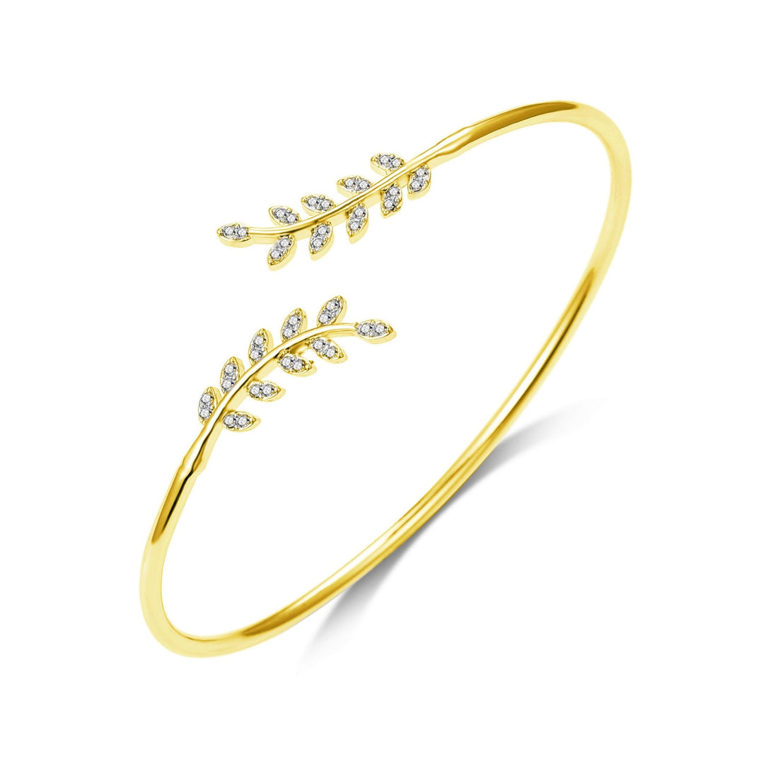 Gold Plated Leaf Bangle Created with Zircondia® Crystals - Philip Jones Jewellery