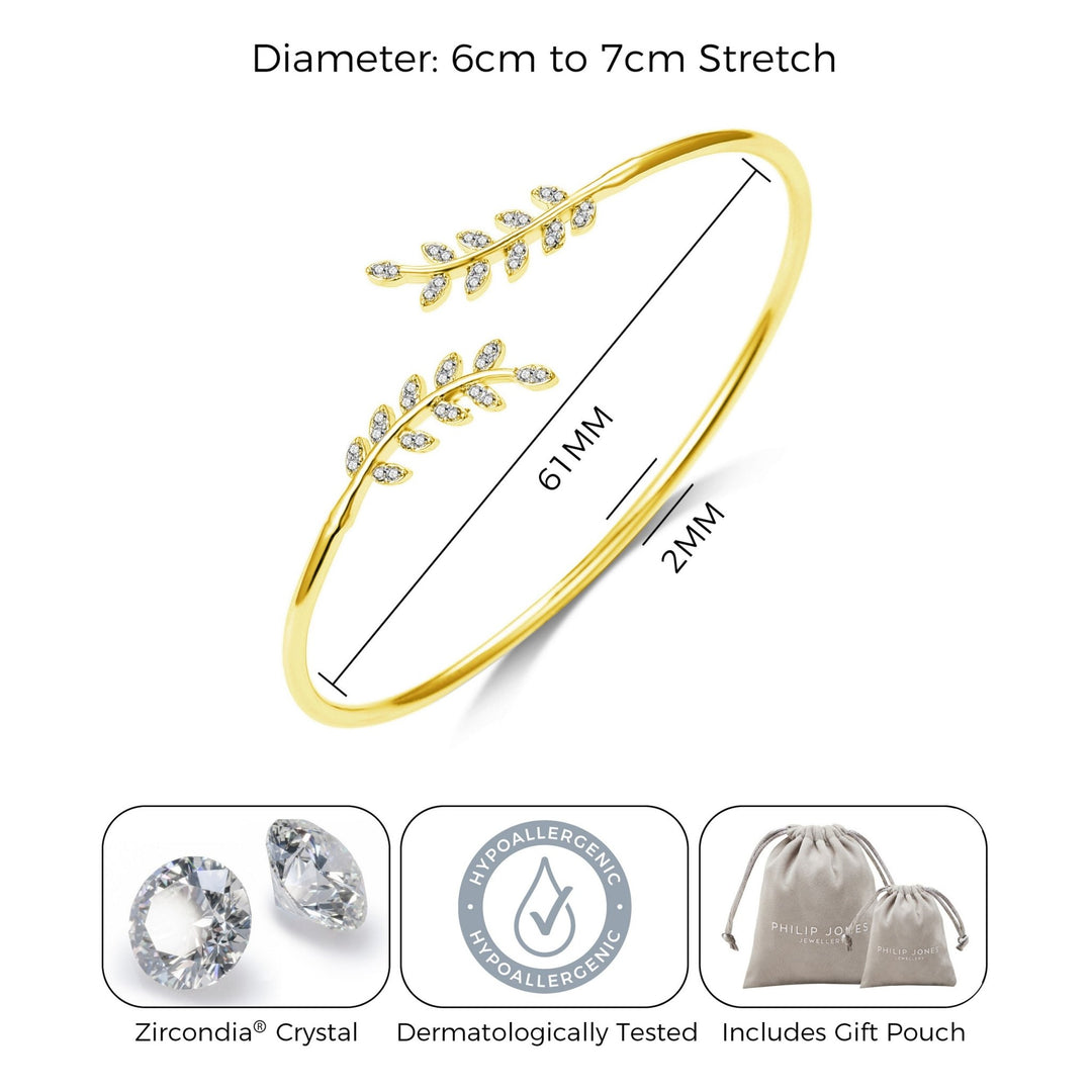Gold Plated Leaf Bangle Created with Zircondia® Crystals - Philip Jones Jewellery