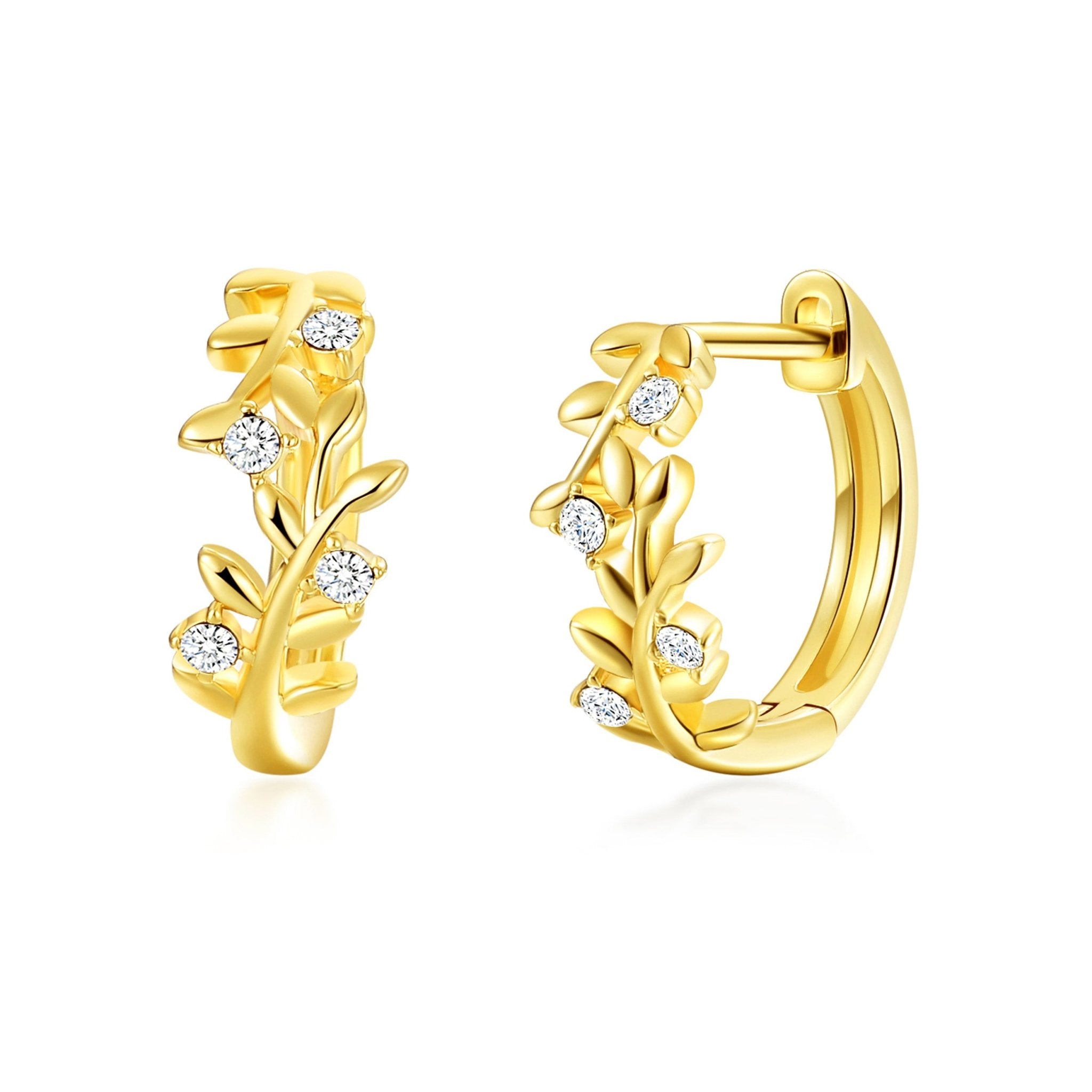 Gold Plated Leaf Hoop Earrings Created with Zircondia® Crystals - Philip Jones Jewellery