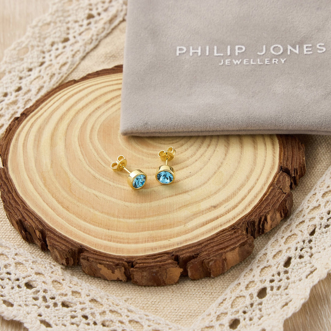 Gold Plated Light Blue Earrings Created with Zircondia® Crystals - Philip Jones Jewellery