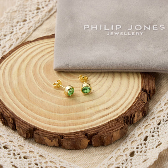 Gold Plated Light Green Stud Earrings Created with Zircondia® Crystals - Philip Jones Jewellery