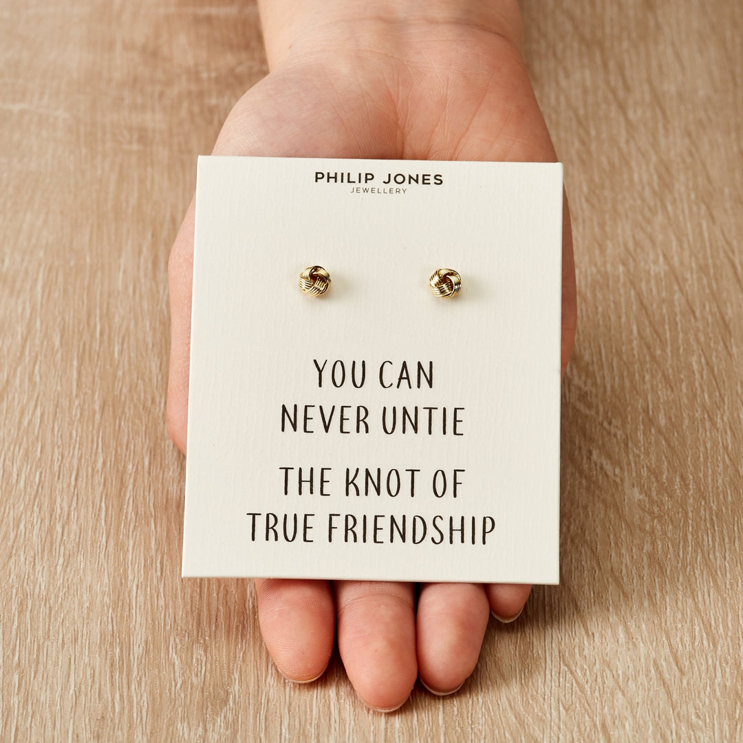 Gold Plated Love Knot Earrings with Quote Card - Philip Jones Jewellery