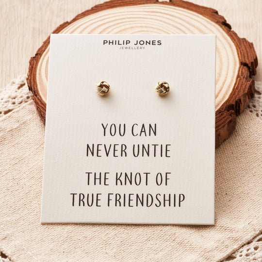 Gold Plated Love Knot Earrings with Quote Card - Philip Jones Jewellery