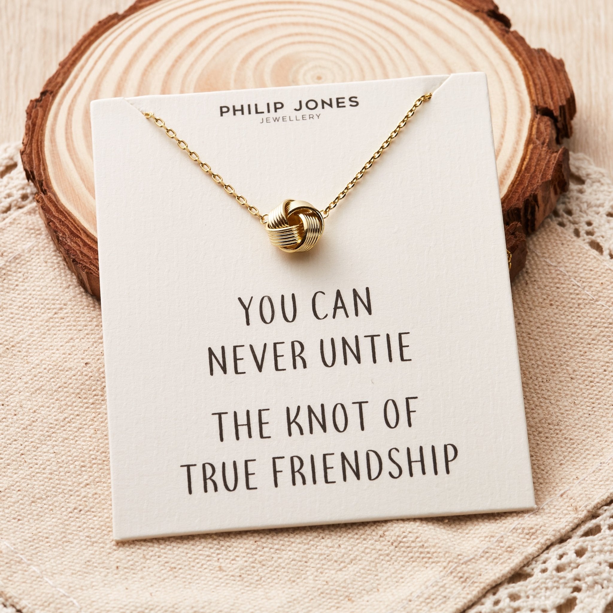 Gold Plated Love Knot Necklace with Quote Card - Philip Jones Jewellery