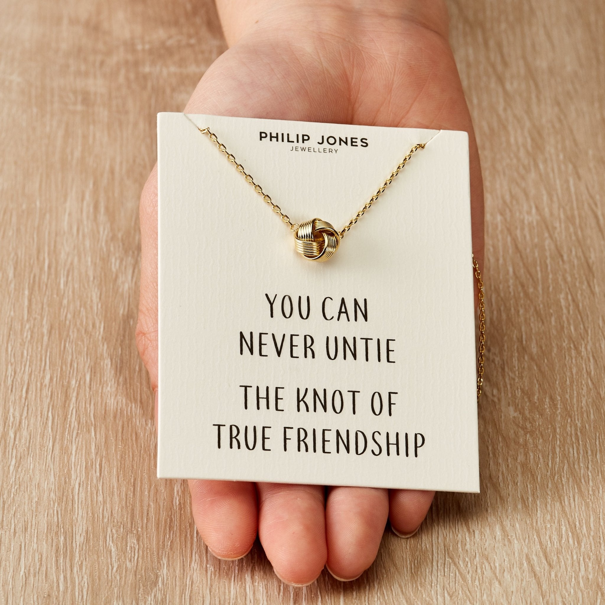 Gold Plated Love Knot Necklace with Quote Card - Philip Jones Jewellery