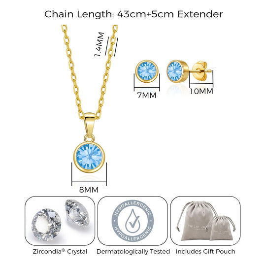 Gold Plated March (Aquamarine) Birthstone Necklace & Earrings Set Created with Zircondia® Crystals - Philip Jones Jewellery