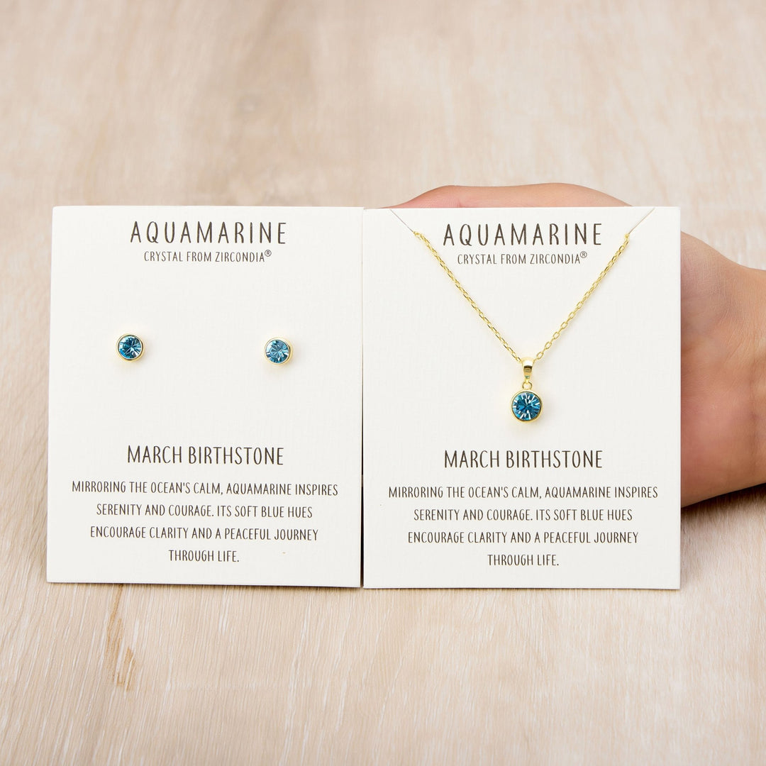 Gold Plated March (Aquamarine) Birthstone Necklace & Earrings Set Created with Zircondia® Crystals - Philip Jones Jewellery