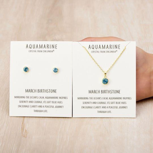 Gold Plated March (Aquamarine) Birthstone Necklace & Earrings Set Created with Zircondia® Crystals - Philip Jones Jewellery