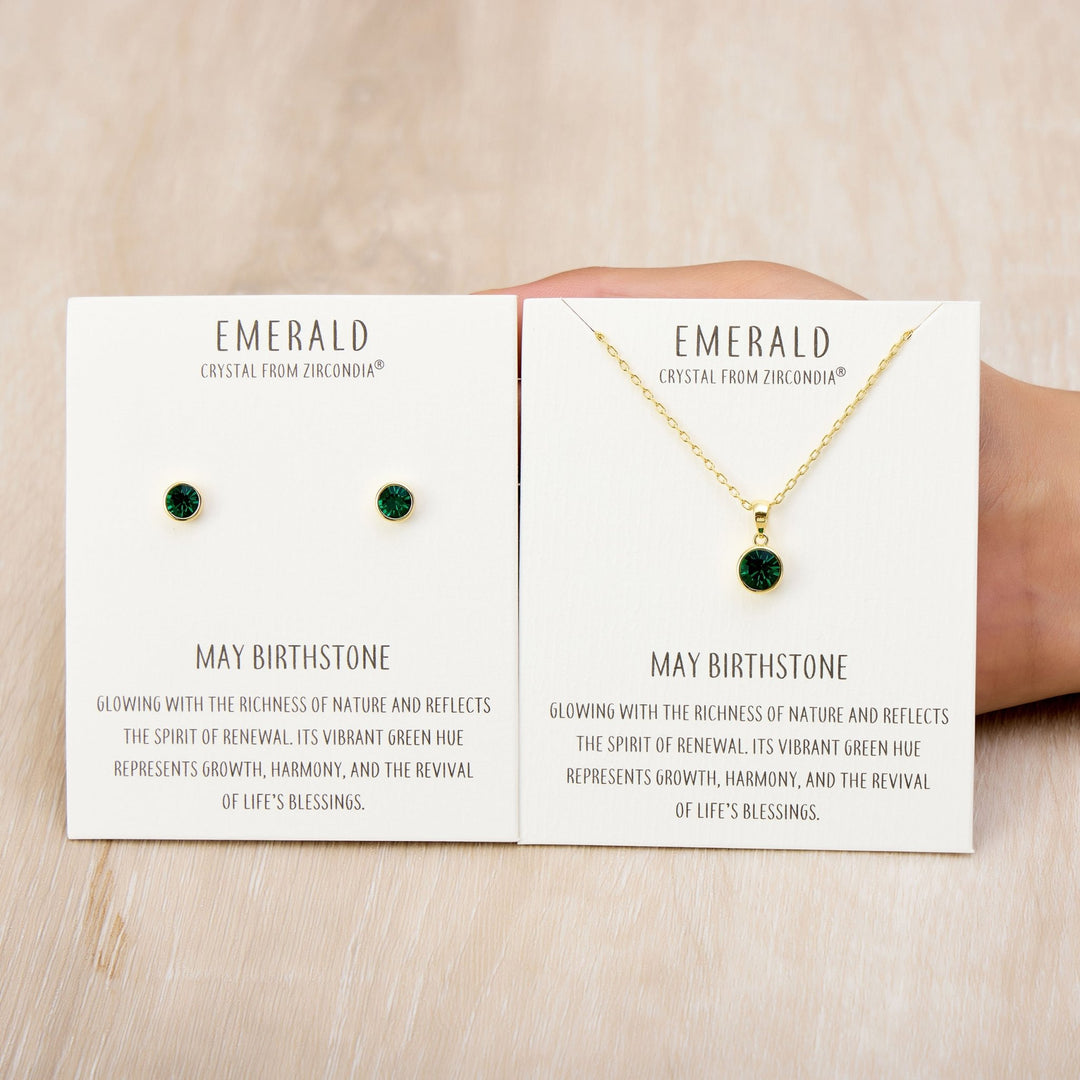 Gold Plated May (Emerald) Birthstone Necklace & Earrings Set Created with Zircondia® Crystals - Philip Jones Jewellery