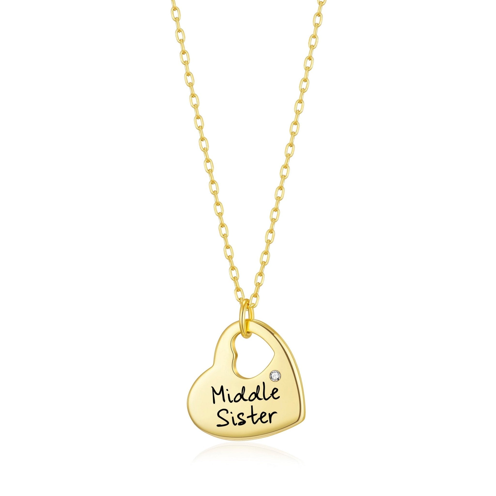 Gold Plated Middle Sister Heart Necklace Created with Zircondia® Crystals - Philip Jones Jewellery