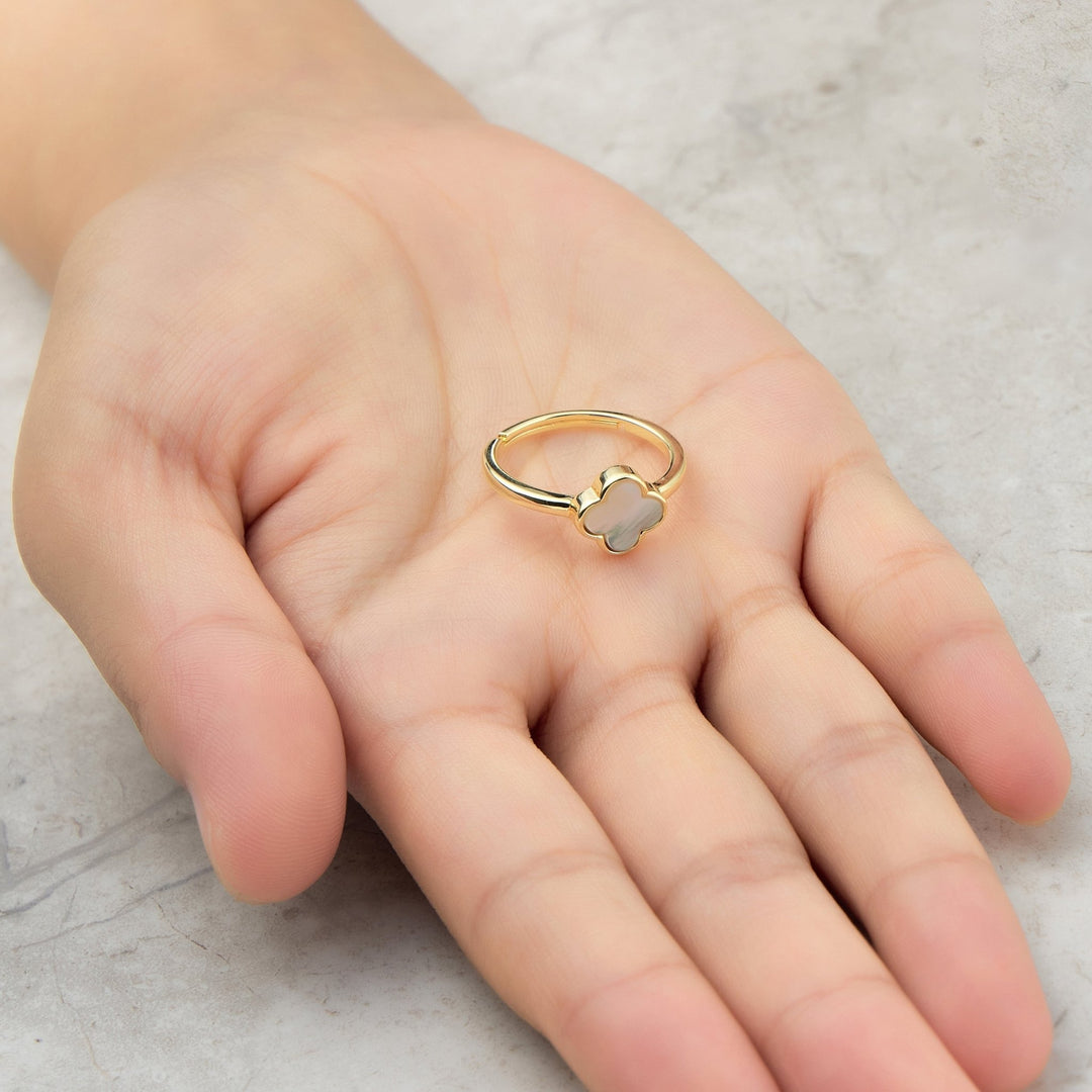 Gold Plated Mother of Pearl Gemstone Adjustable Clover Ring - Philip Jones Jewellery