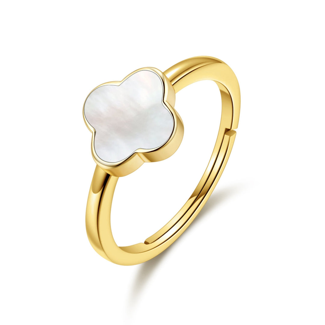Gold Plated Mother of Pearl Gemstone Adjustable Clover Ring - Philip Jones Jewellery
