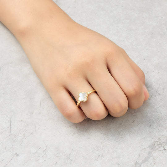Gold Plated Mother of Pearl Gemstone Adjustable Clover Ring - Philip Jones Jewellery