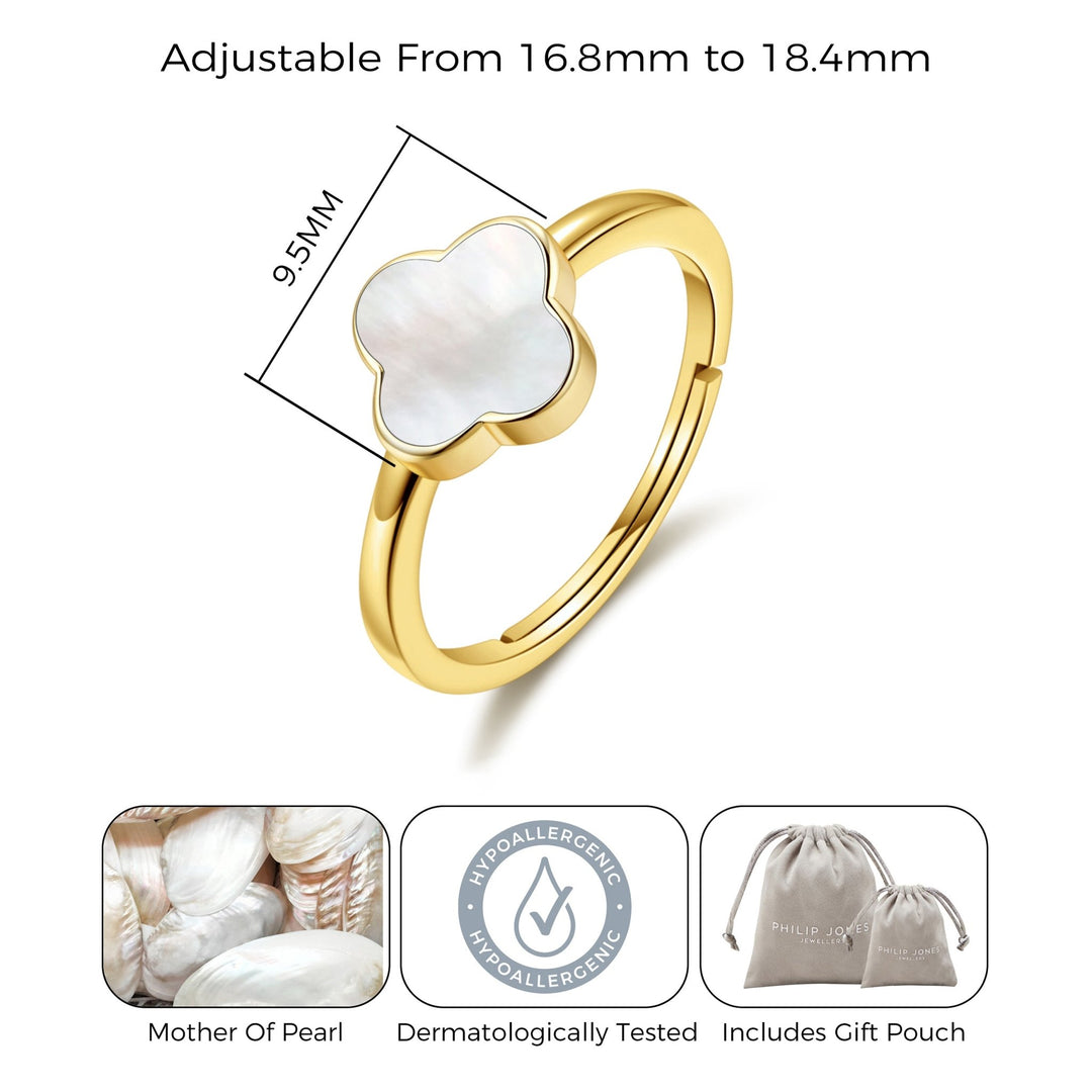 Gold Plated Mother of Pearl Gemstone Adjustable Clover Ring - Philip Jones Jewellery