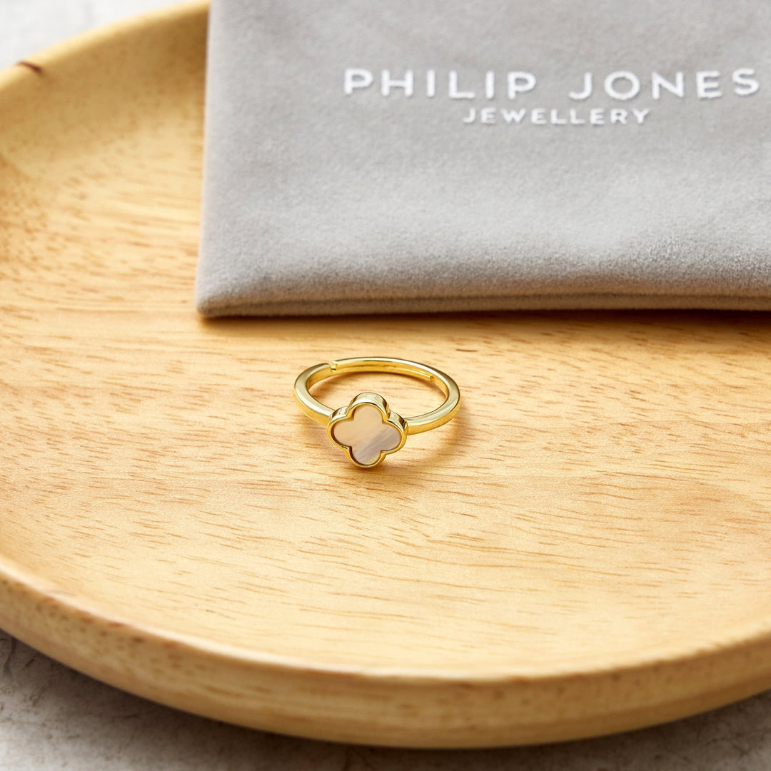 Gold Plated Mother of Pearl Gemstone Adjustable Clover Ring - Philip Jones Jewellery