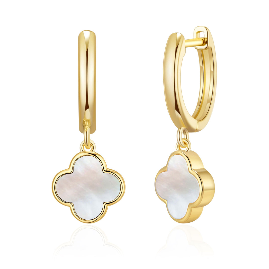 Gold Plated Mother of Pearl Gemstone Clover Charm Hoop Earrings - Philip Jones Jewellery