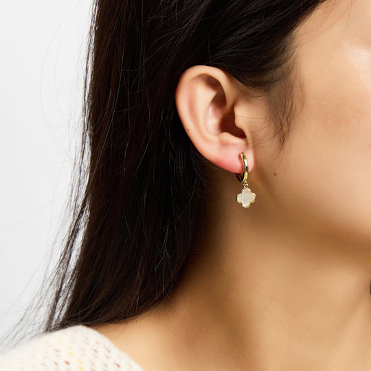 Gold Plated Mother of Pearl Gemstone Clover Charm Hoop Earrings - Philip Jones Jewellery