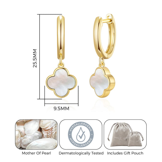 Gold Plated Mother of Pearl Gemstone Clover Charm Hoop Earrings - Philip Jones Jewellery