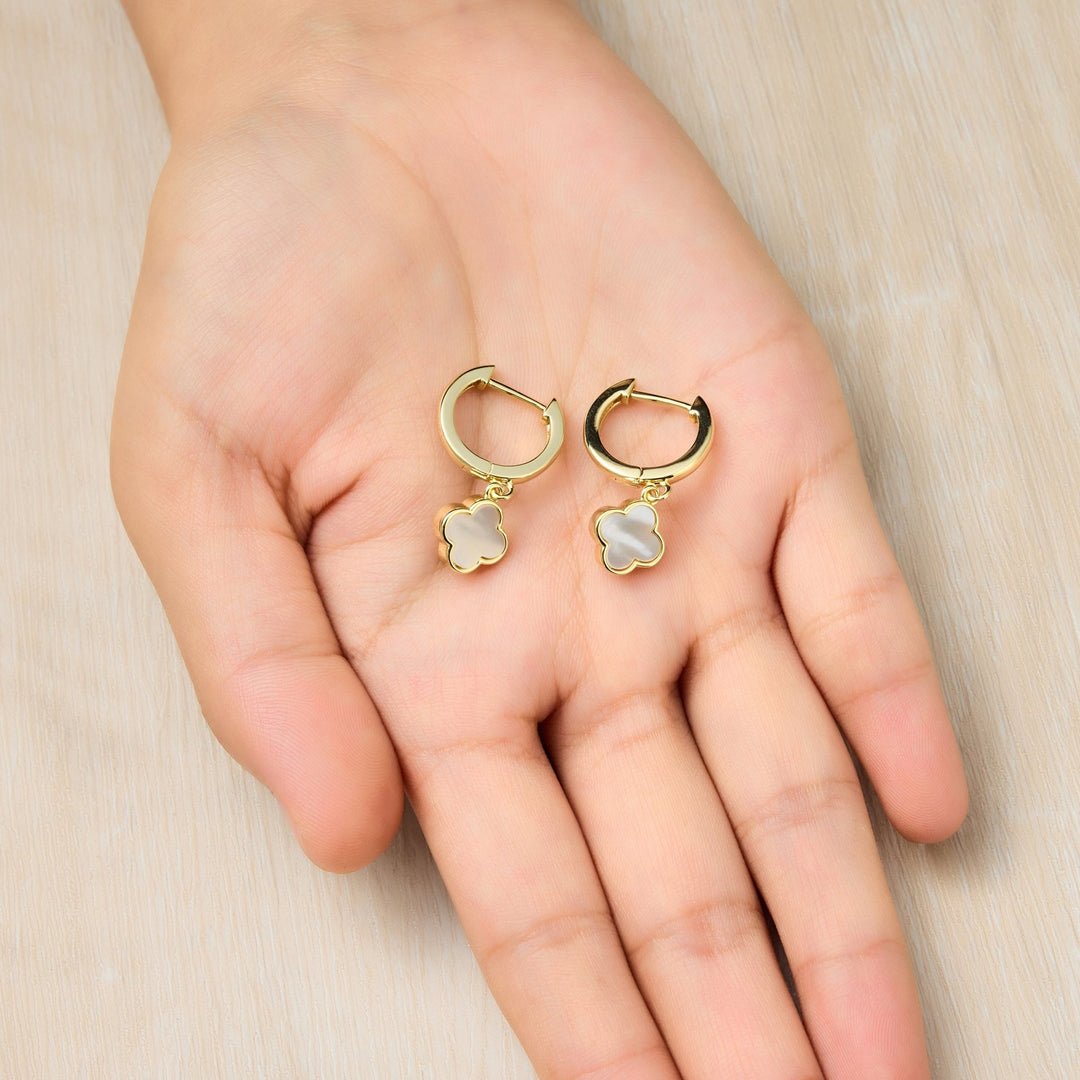 Gold Plated Mother of Pearl Gemstone Clover Charm Hoop Earrings - Philip Jones Jewellery
