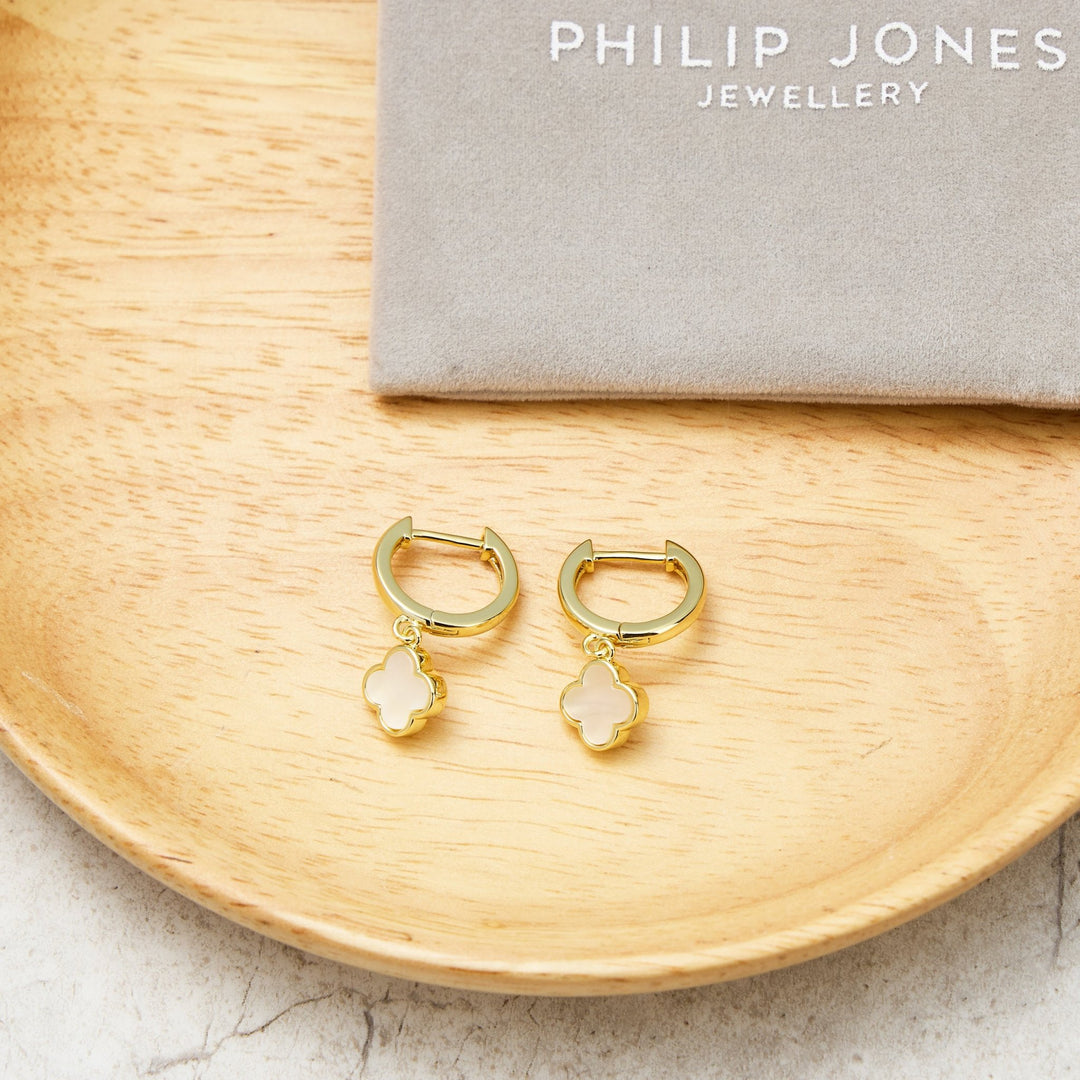 Gold Plated Mother of Pearl Gemstone Clover Charm Hoop Earrings - Philip Jones Jewellery