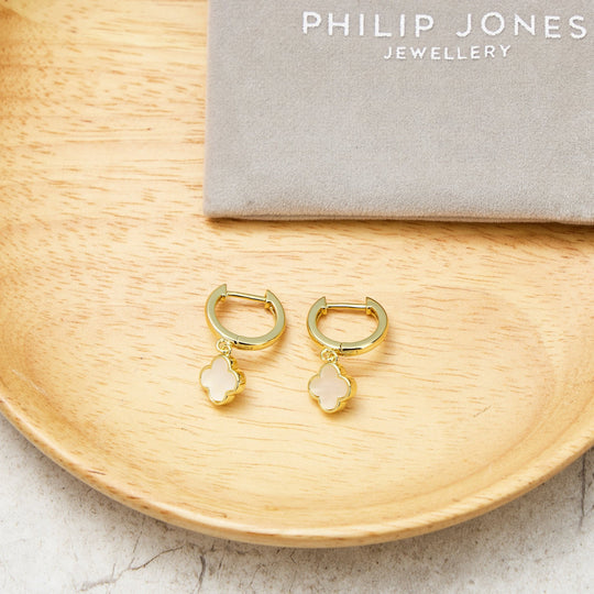 Gold Plated Mother of Pearl Gemstone Clover Charm Hoop Earrings - Philip Jones Jewellery