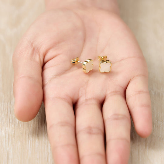 Gold Plated Mother of Pearl Gemstone Clover Earrings - Philip Jones Jewellery