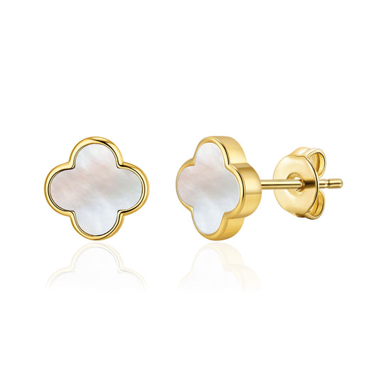 Gold Plated Mother of Pearl Gemstone Clover Earrings - Philip Jones Jewellery