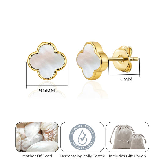 Gold Plated Mother of Pearl Gemstone Clover Earrings - Philip Jones Jewellery