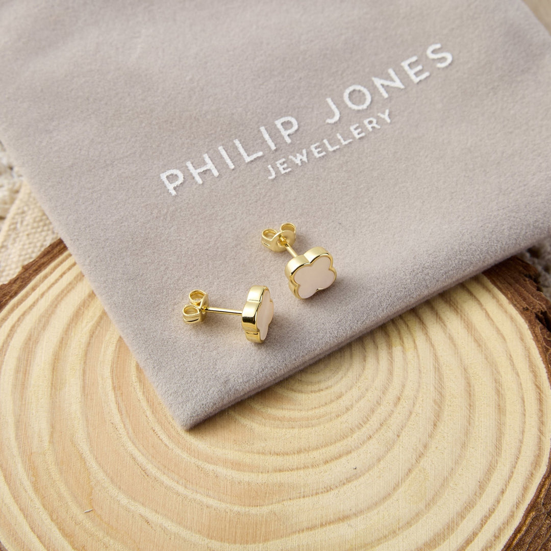 Gold Plated Mother of Pearl Gemstone Clover Earrings - Philip Jones Jewellery