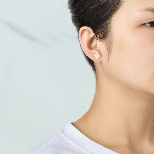 Gold Plated Mother of Pearl Gemstone Clover Earrings - Philip Jones Jewellery