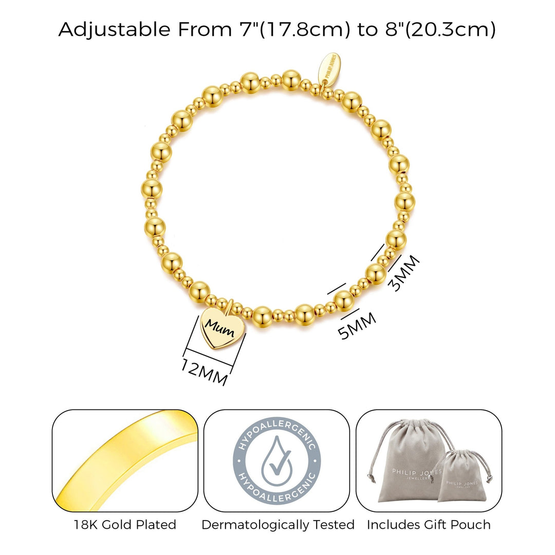 Gold Plated Mum Heart Charm Beaded Stretch Bracelet - Philip Jones Jewellery