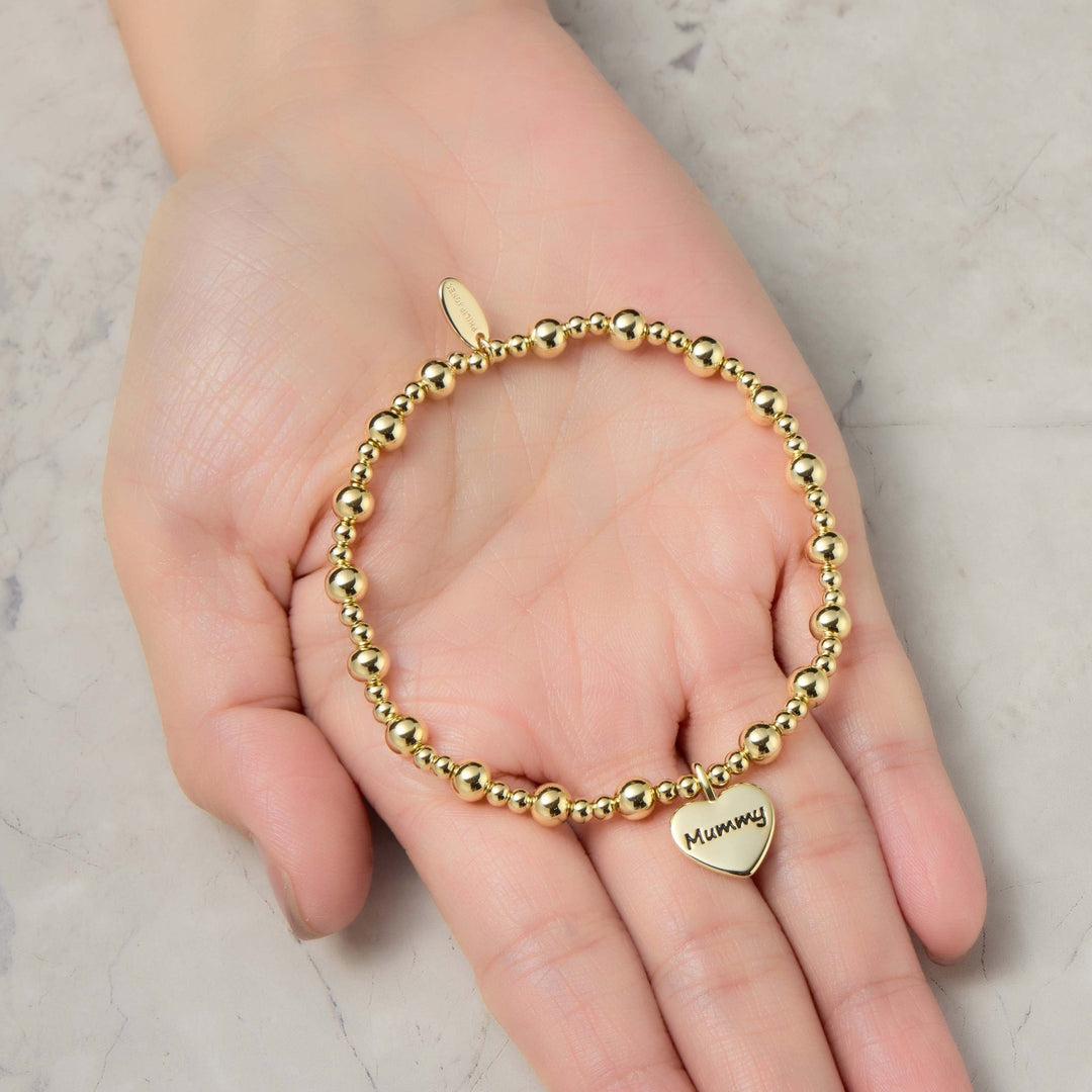 Gold Plated Mummy Heart Charm Beaded Stretch Bracelet - Philip Jones Jewellery