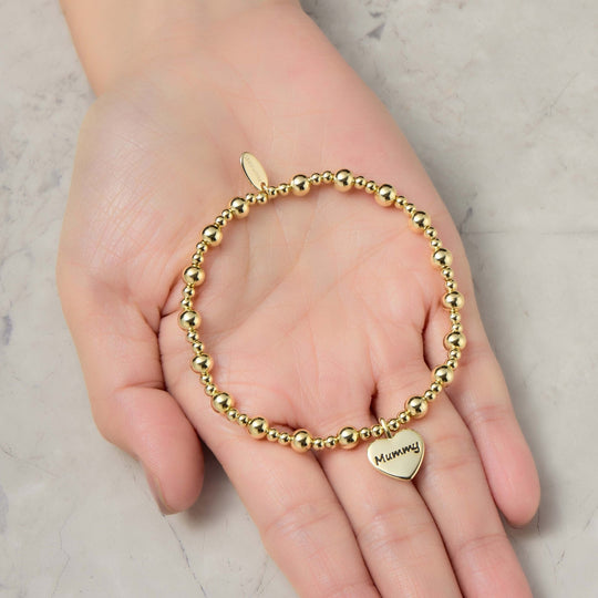 Gold Plated Mummy Heart Charm Beaded Stretch Bracelet - Philip Jones Jewellery