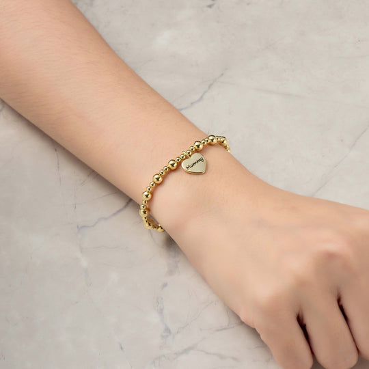 Gold Plated Mummy Heart Charm Beaded Stretch Bracelet - Philip Jones Jewellery