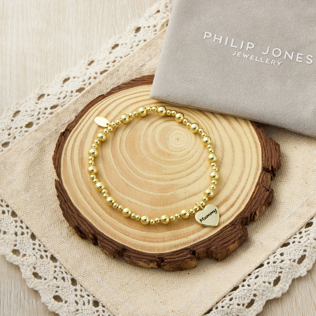 Gold Plated Mummy Heart Charm Beaded Stretch Bracelet - Philip Jones Jewellery