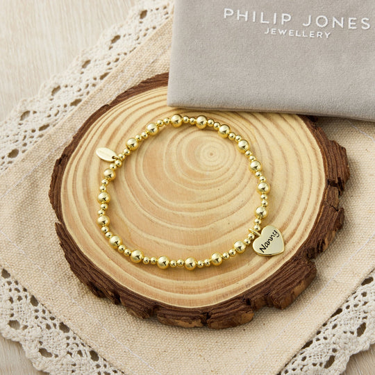 Gold Plated Nanny Heart Charm Beaded Stretch Bracelet - Philip Jones Jewellery
