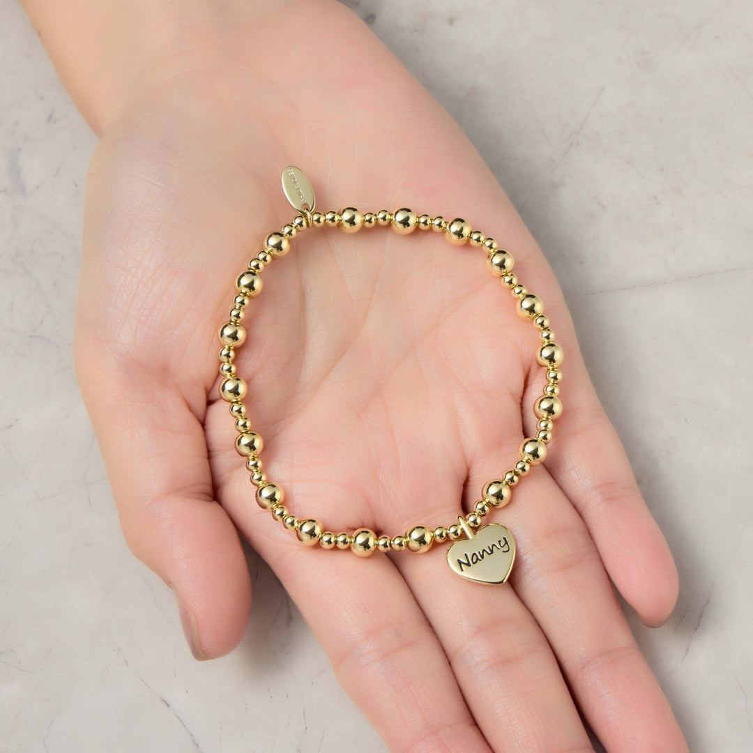 Gold Plated Nanny Heart Charm Beaded Stretch Bracelet - Philip Jones Jewellery