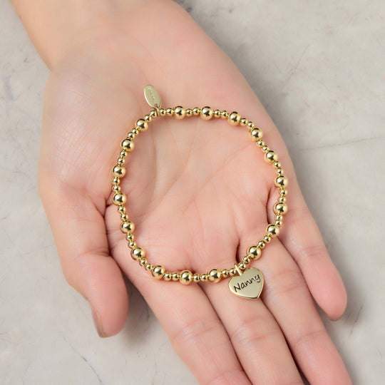 Gold Plated Nanny Heart Charm Beaded Stretch Bracelet - Philip Jones Jewellery