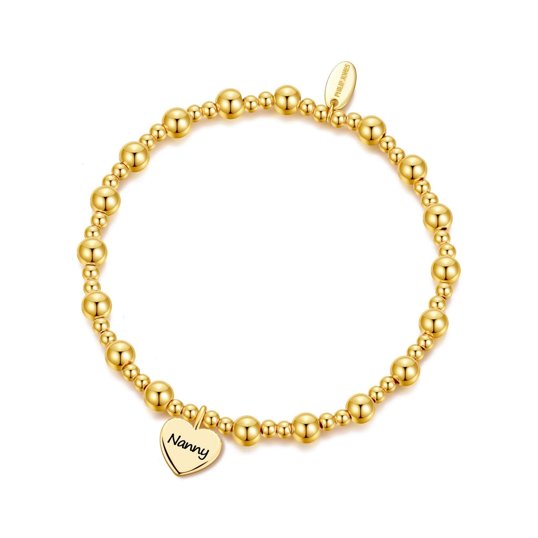 Gold Plated Nanny Heart Charm Beaded Stretch Bracelet - Philip Jones Jewellery