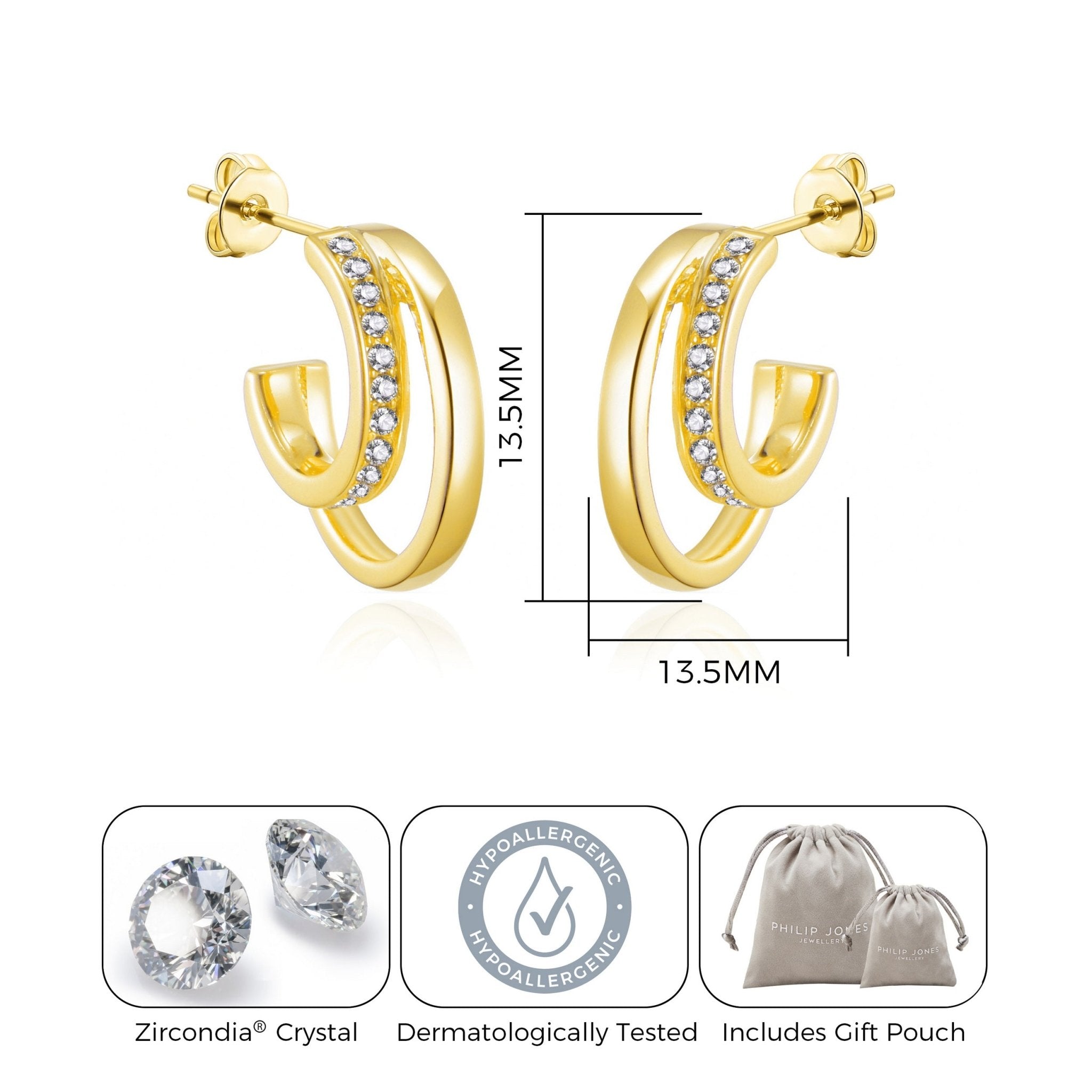 Gold Plated Open Double Hoop Earrings Created With Zircondia® Crystals - Philip Jones Jewellery