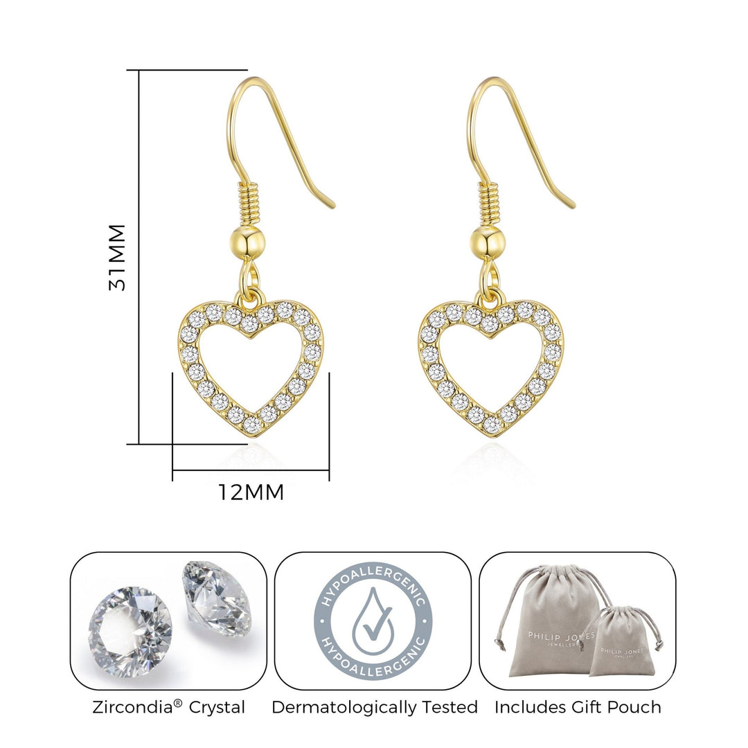 Gold Plated Open Heart Drop Earrings Created with Zircondia® Crystals - Philip Jones Jewellery