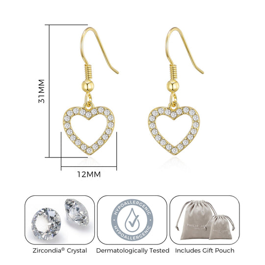 Gold Plated Open Heart Drop Earrings Created with Zircondia® Crystals - Philip Jones Jewellery