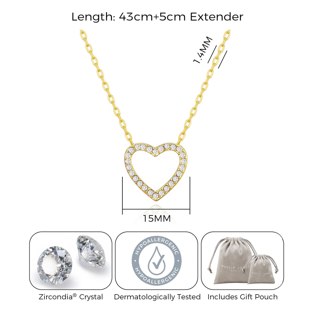 Gold Plated Open Heart Necklace Created with Zircondia® Crystals - Philip Jones Jewellery