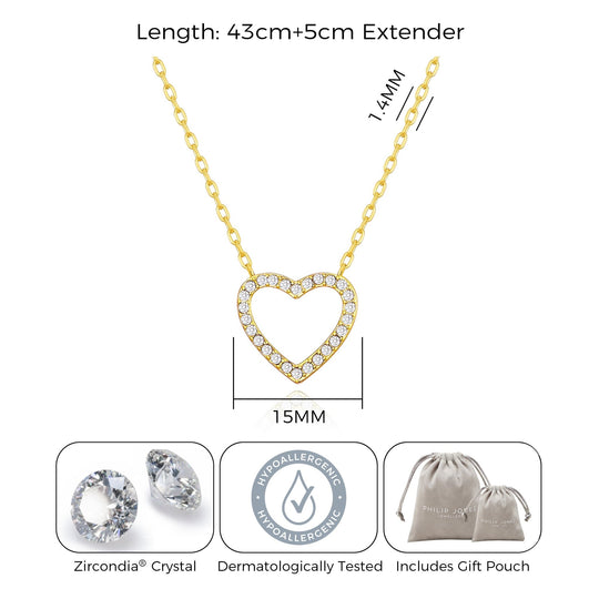 Gold Plated Open Heart Necklace Created with Zircondia® Crystals - Philip Jones Jewellery