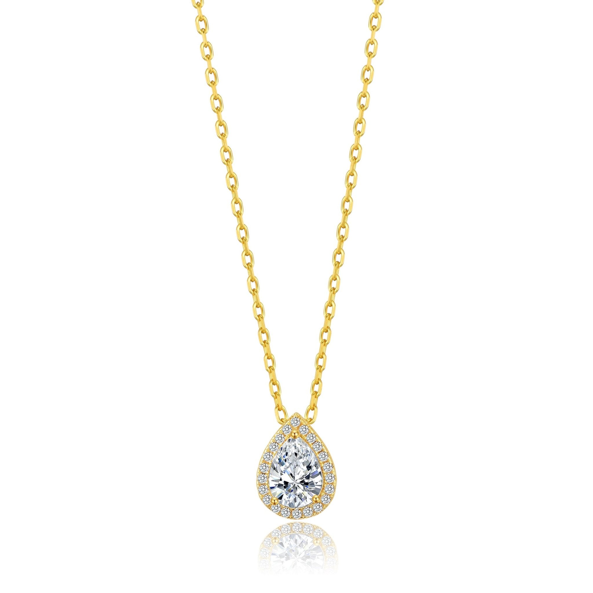 Gold Plated Pear Halo Necklace Created with Zircondia® Crystals - Philip Jones Jewellery