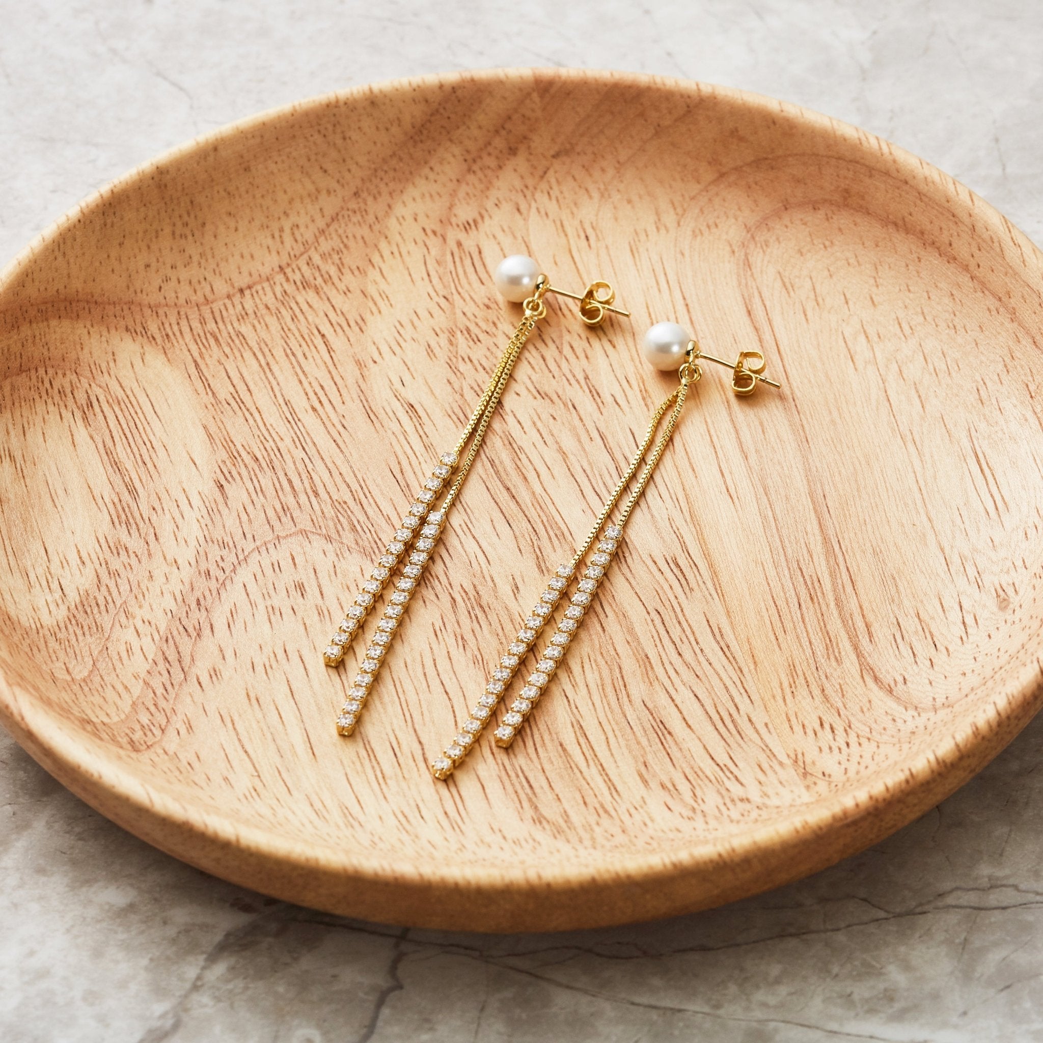 Gold Plated Pearl Dangle Earrings Created with Zircondia® Crystals - Philip Jones Jewellery