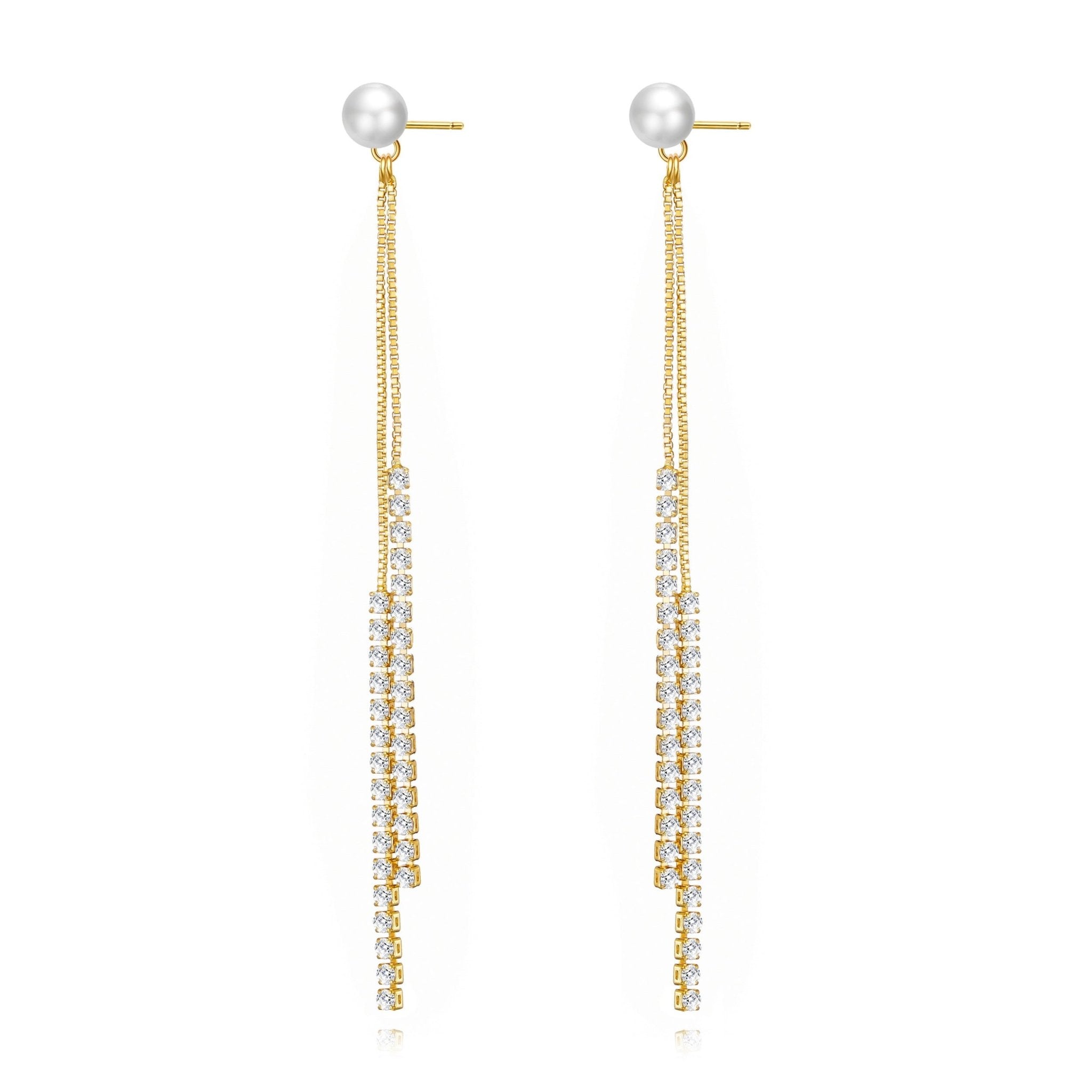 Gold Plated Pearl Dangle Earrings Created with Zircondia® Crystals - Philip Jones Jewellery