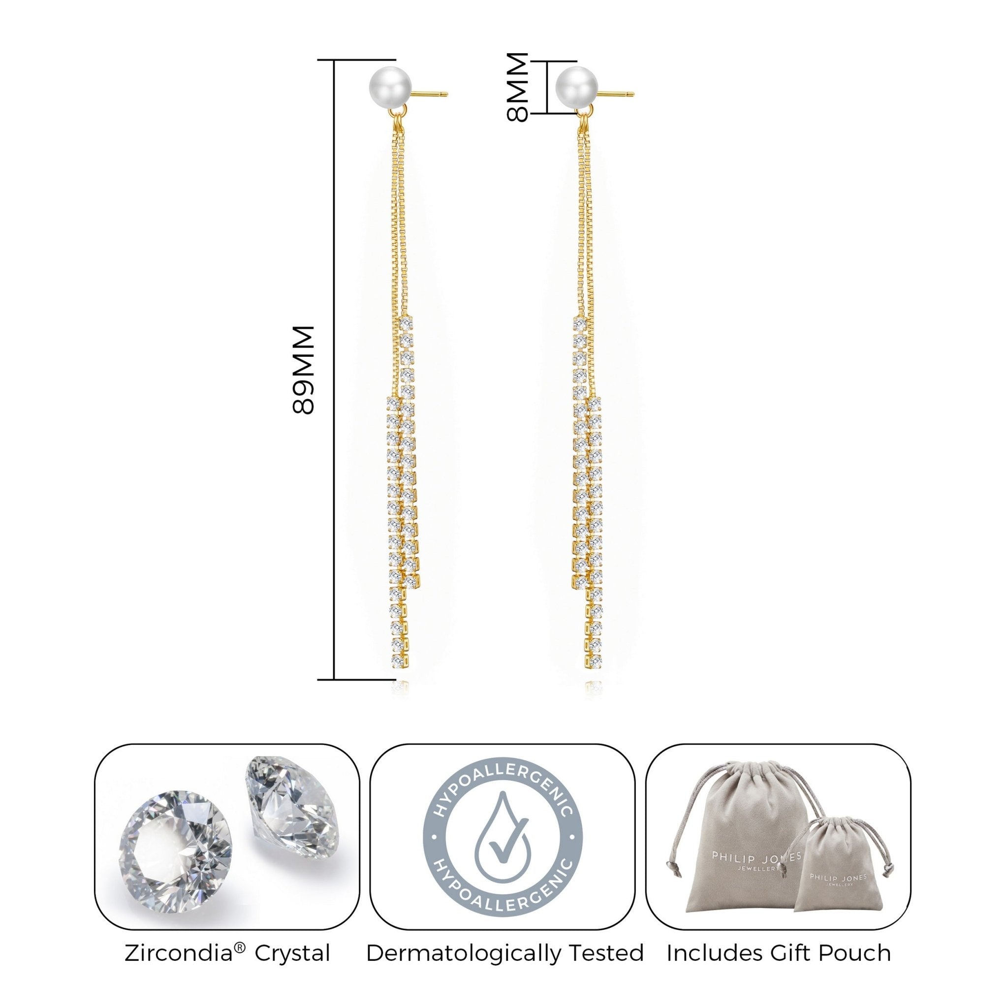 Gold Plated Pearl Dangle Earrings Created with Zircondia® Crystals - Philip Jones Jewellery